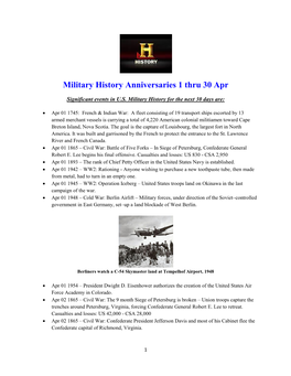 Military History Anniversaries 1 Thru 30 Apr