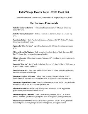 2020 Plant List Herbaceous Perennials