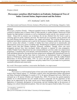 Pterocarpus Santalinus (Red Sanders) an Endemic, Endangered Tree of India: Current Status, Improvement and the Future