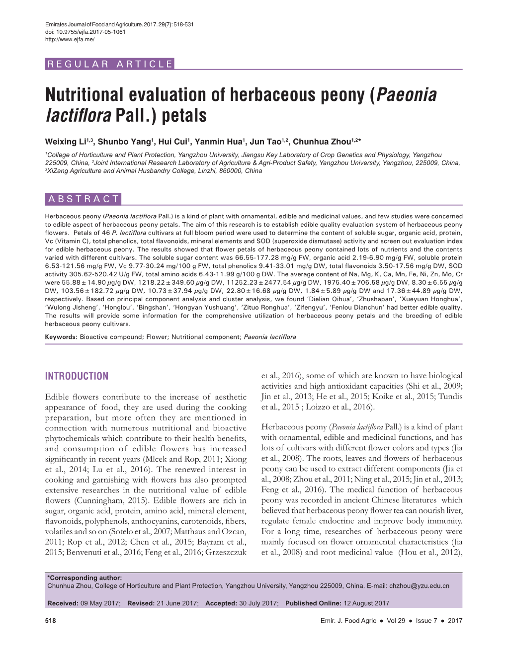 Nutritional Evaluation of Herbaceous Peony (Paeonia Lactiflora Pall.) Petals