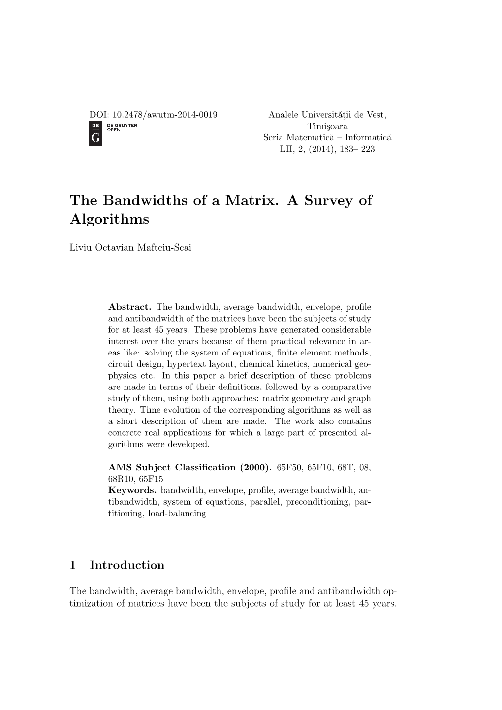 The Bandwidths of a Matrix. a Survey of Algorithms