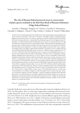 The Role of Russian Federal Protected Areas in Conservation of Plant Species Included in the Red Data Book of Russian Federation (Volga Federal District) Anatoliy A