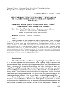 Application of Cryotechnology in the Creation of Space Foods for Crews Working in Extreme Conditions