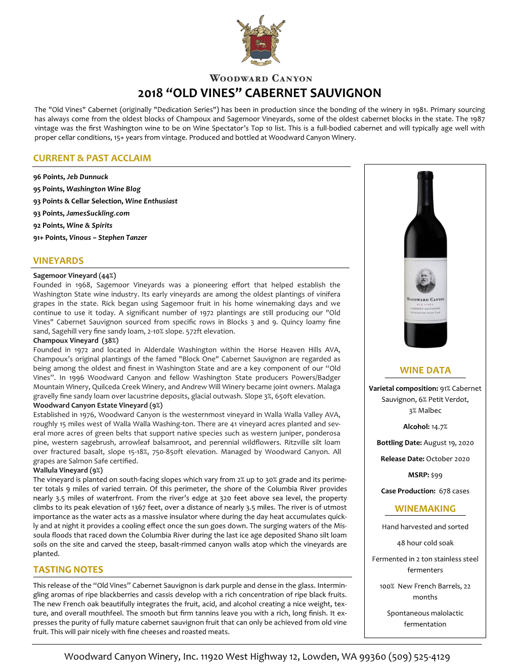 2018 "Old Vines" Cabernet Sauvignon Tech Sheet