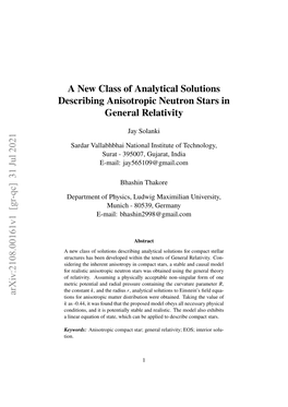 A New Class of Analytical Solutions Describing Anisotropic Neutron Stars in General Relativity