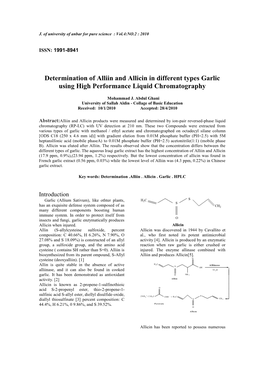 Determination of Alliin and Allicin in Different Types Garlic Using High Performance Liquid Chromatography