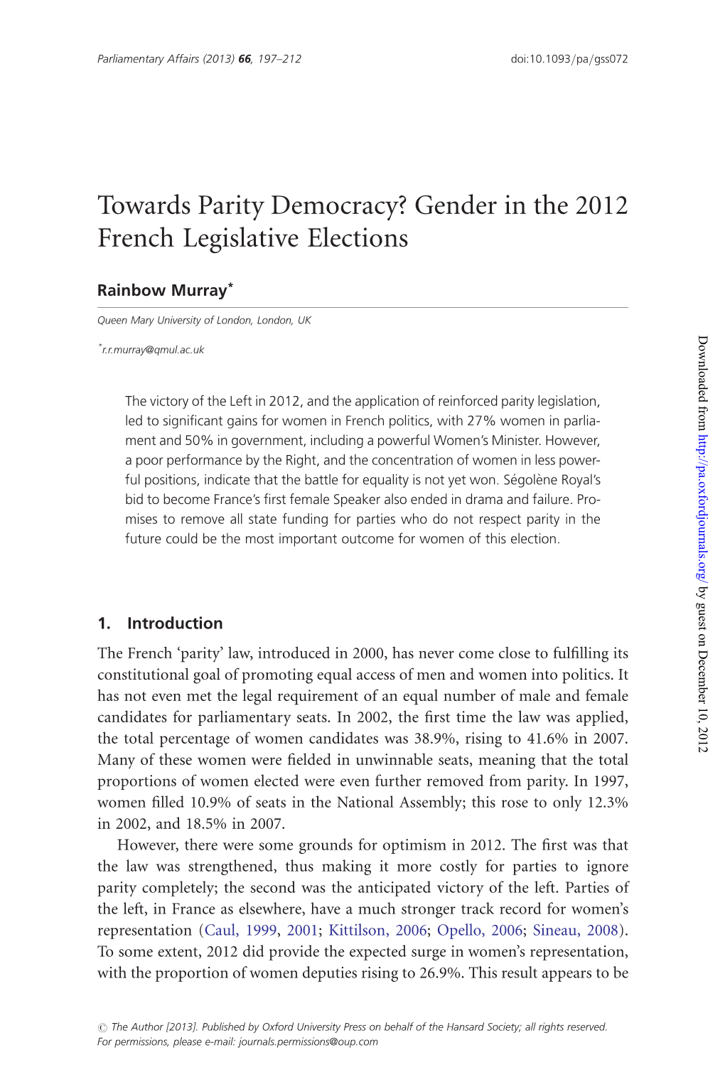 Towards Parity Democracy? Gender in the 2012 French Legislative Elections