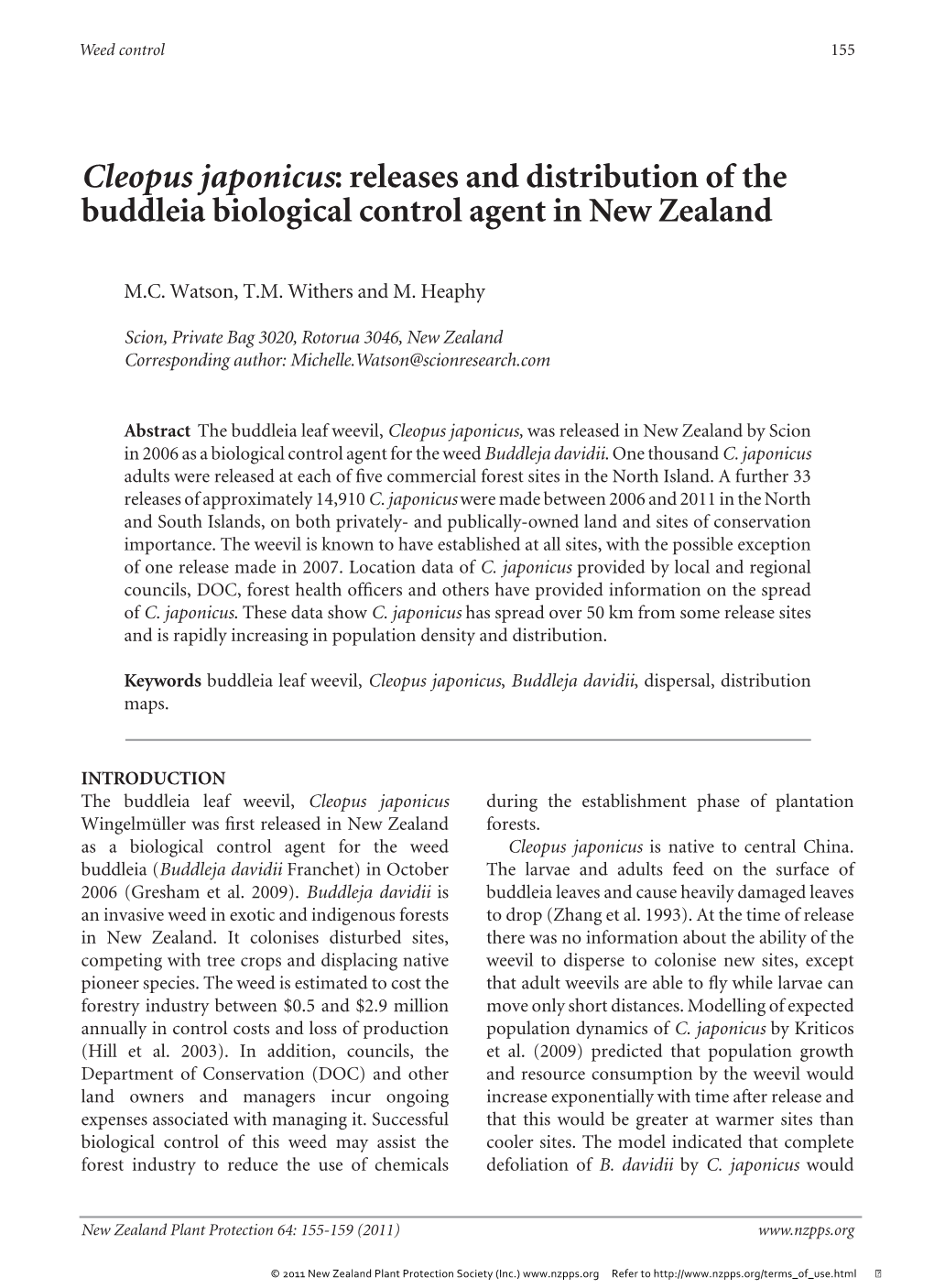 Cleopus Japonicus: Releases and Distribution of the Buddleia Biological Control Agent in New Zealand