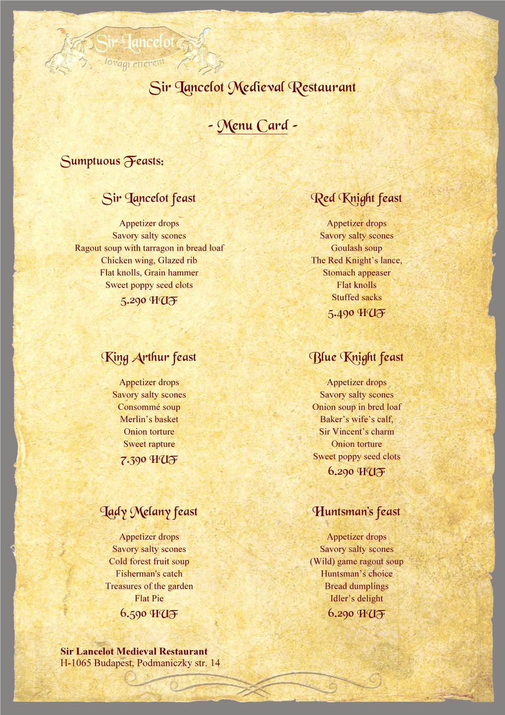 Sir Lancelot Medieval Restaurant – Menu Card –