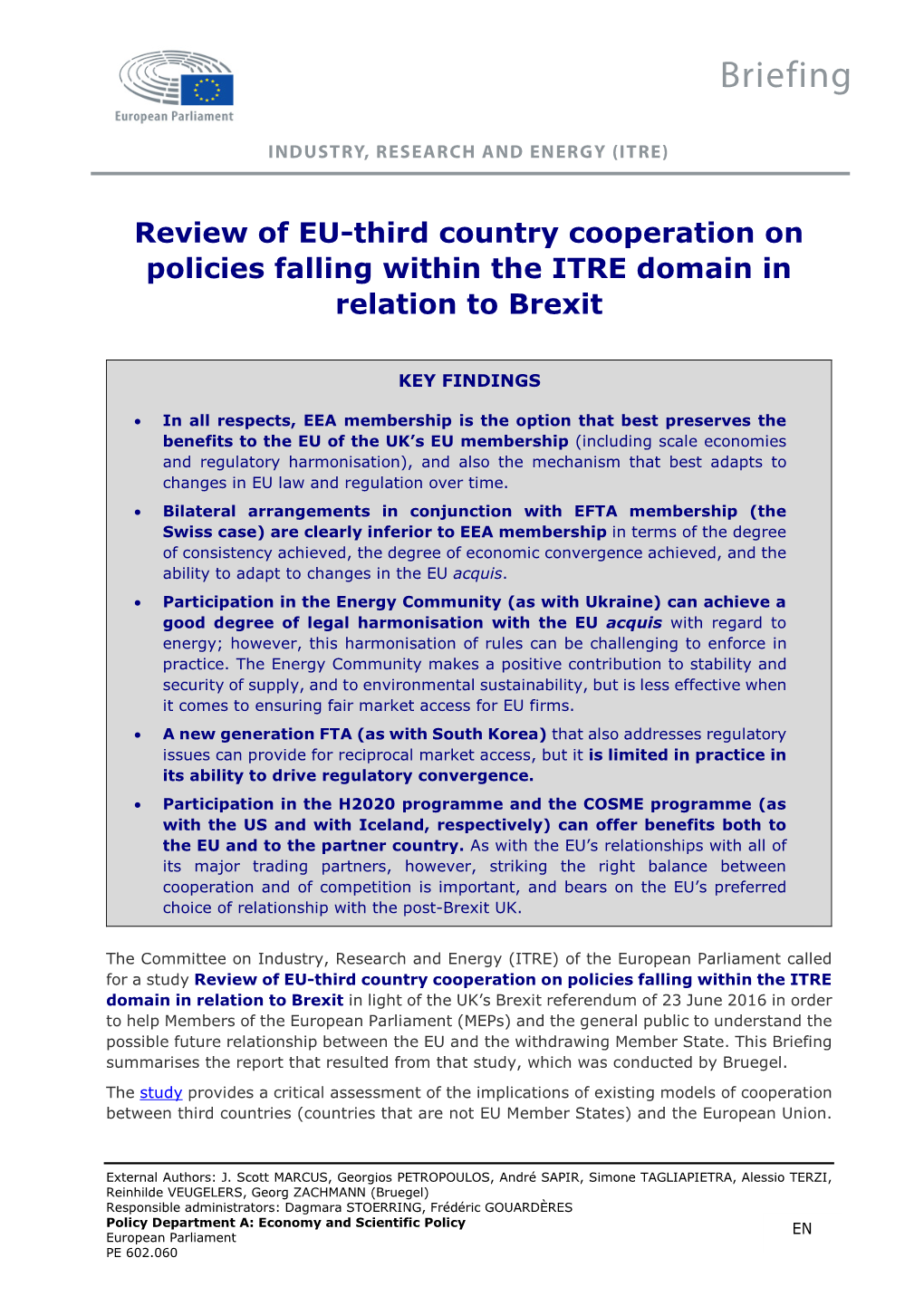 Review of EU-Third Country Cooperation on Policies Falling Within the ITRE Domain in Relation to Brexit