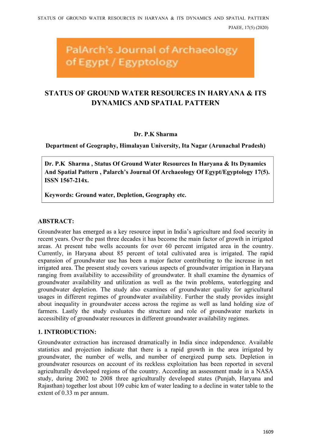 Status of Ground Water Resources in Haryana & Its Dynamics and Spatial