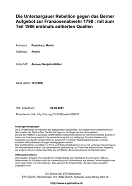 Die Unteraargauer Rebellion Gegen Das Berner Aufgebot Zur Franzosenabwehr 1798 : Mit Zum Teil 1986 Erstmals Editierten Quellen