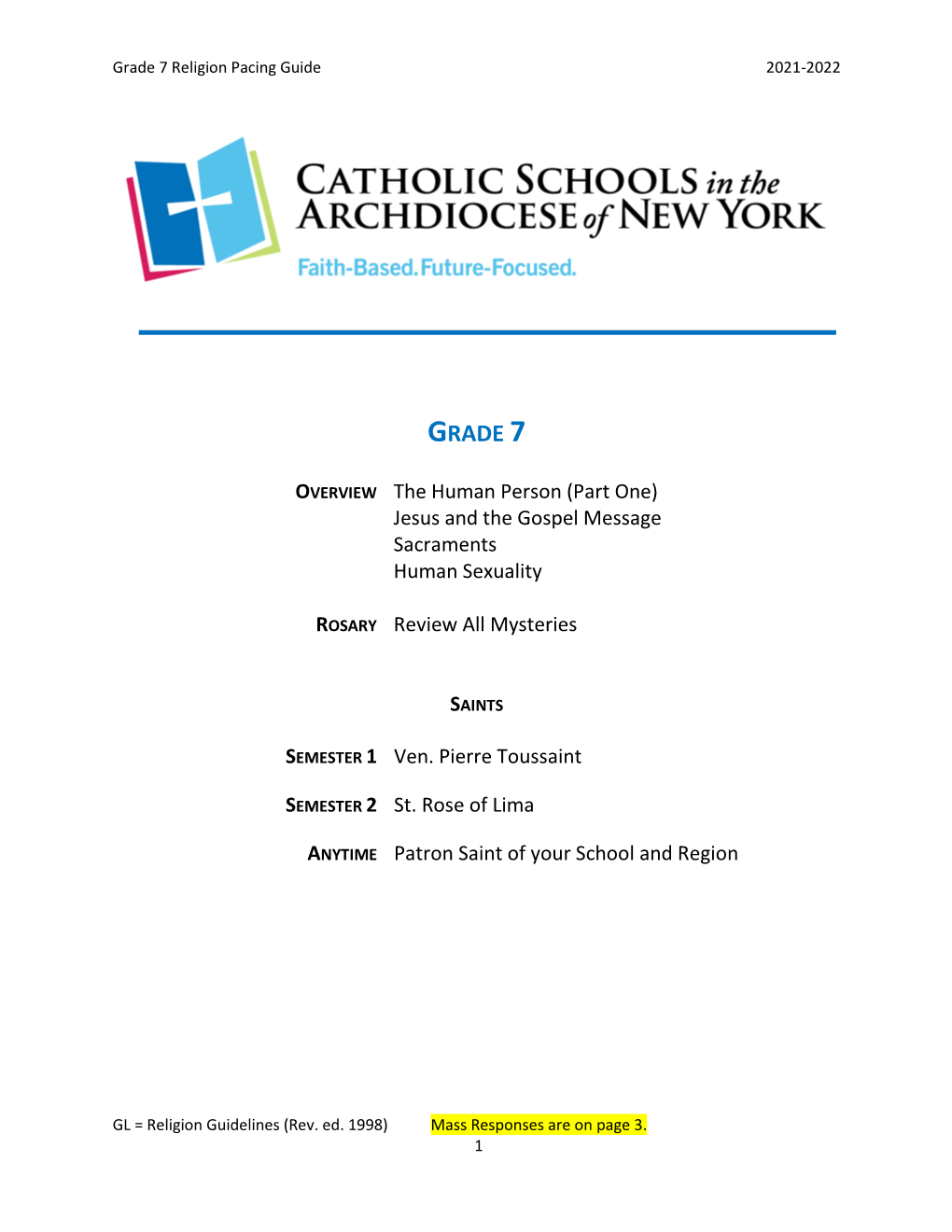 Grade 7 Religion Pacing Guide 2021-2022