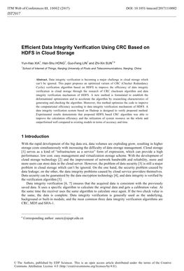 Efficient Data Integrity Verification Using CRC Based on HDFS in Cloud Storage