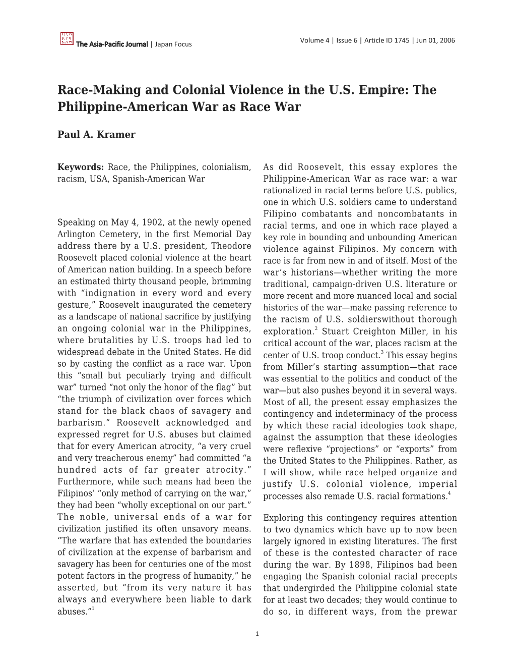 Race-Making and Colonial Violence in the U.S. Empire: the Philippine-American War As Race War