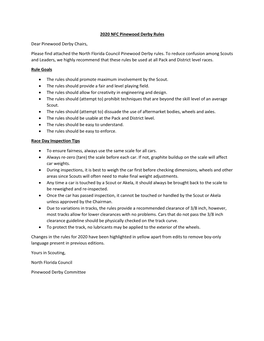 2020 NFC Pinewood Derby Rules Dear Pinewood Derby Chairs, Please Find Attached the North Florida Council Pinewood Derby Rules. T