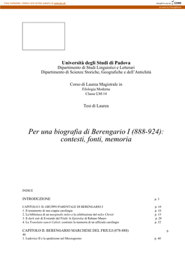 Per Una Biografia Di Berengario I (888-924): Contesti, Fonti, Memoria