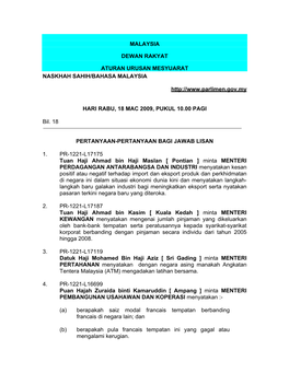 Malaysia Dewan Rakyat Aturan Urusan Mesyuarat Naskhah Sahih/Bahasa Malaysia Hari Rabu, 18 Mac 2009