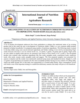 ORGANOLEPTIC EVALUATION of NUTRITIOUS CHIKKI DEVELOPED by INCORPORATING NIGER SEEDS ( Guizotia Abyssinica Cass )