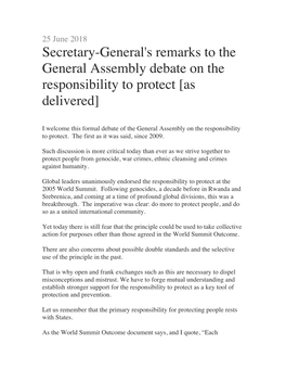 Secretary-General's Remarks to the General Assembly Debate on the Responsibility to Protect [As Delivered]