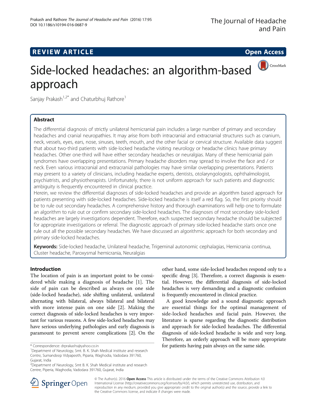 Side-Locked Headaches: an Algorithm-Based Approach Sanjay Prakash1,2* and Chaturbhuj Rathore1