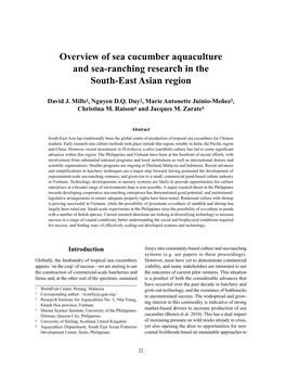 Overview of Sea Cucumber Aquaculture and Sea-Ranching Research in the South-East Asian Region