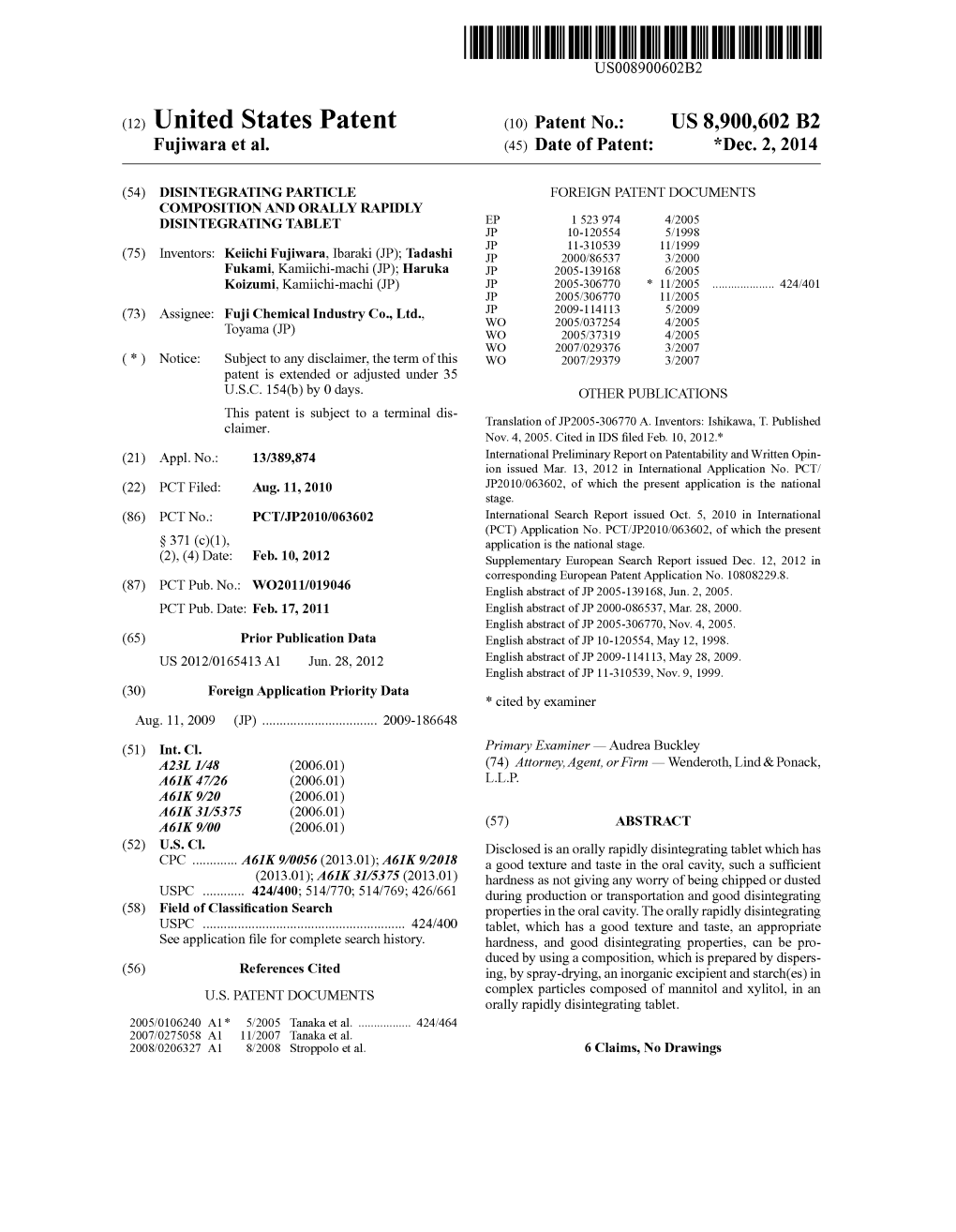 (12) United States Patent (10) Patent No.: US 8,900,602 B2 Fujiwara Et Al
