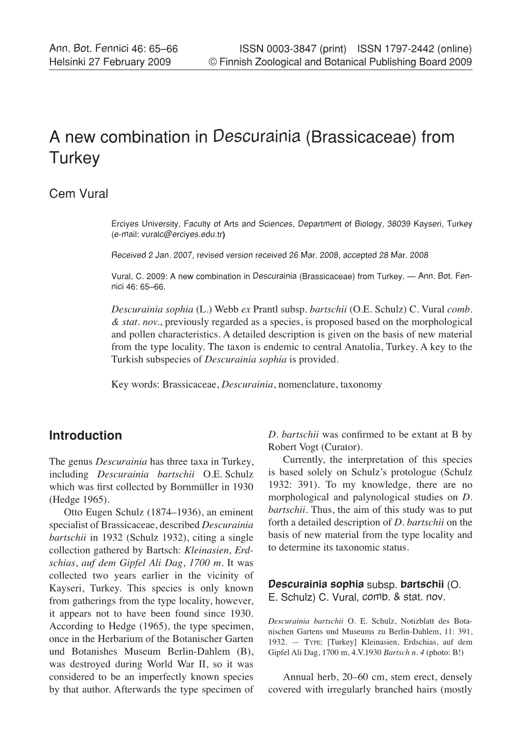 A New Combination in Descurainia (Brassicaceae) from Turkey