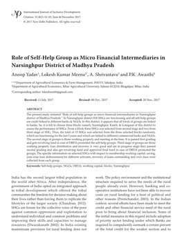 Role of Self-Help Group As Micro Financial Intermediaries in Narsinghpur District of Madhya Pradesh Anoop Yadav1, Lokesh Kumar Meena2*, A