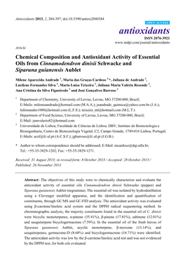 Chemical Composition and Antioxidant Activity of Essential Oils from Cinnamodendron Dinisii Schwacke and Siparuna Guianensis Aublet