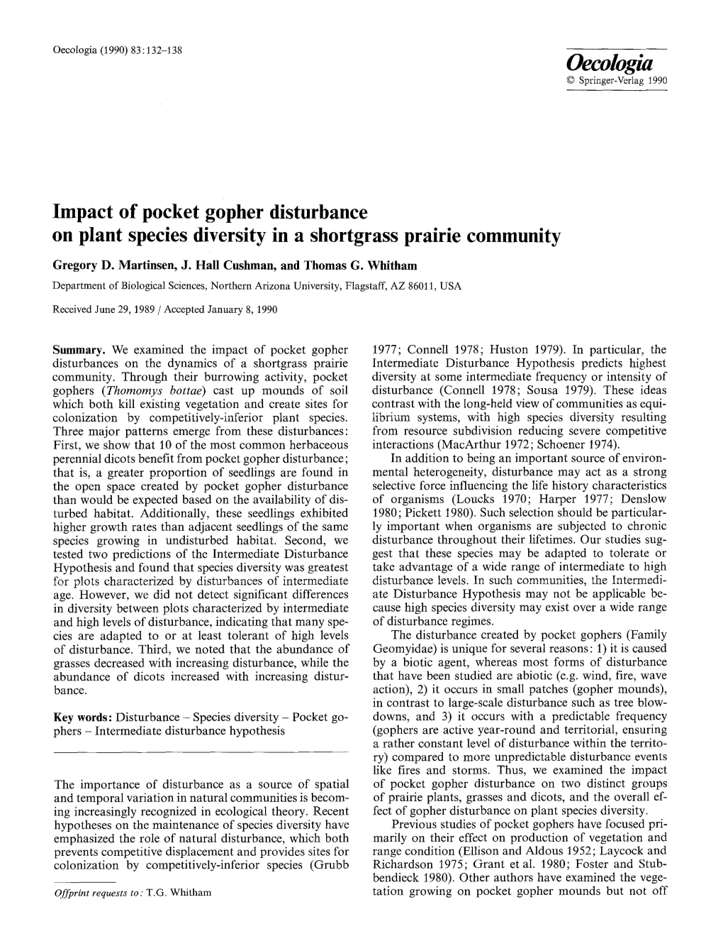 Impact of Pocket Gopher Disturbance on Plant Species Diversity in a Shortgrass Prairie Community Gregory D