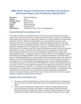 AML 2410—Issues in American Literature and Culture: American Empire and Territories, Spring 2019