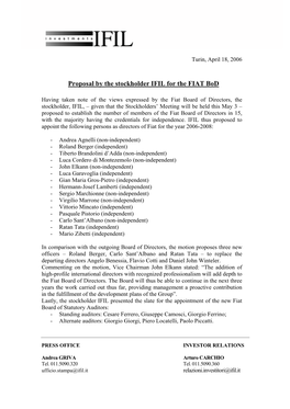 Proposal by the Stockholder IFIL for the FIAT Bod