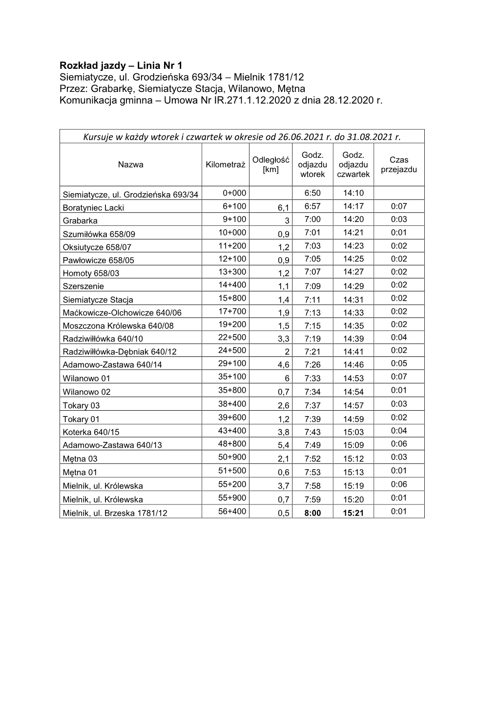 Rozkład Jazdy – Linia Nr 1 Siemiatycze, Ul. Grodzieńska 693