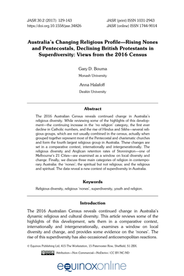 Australia's Changing Religious Profile—Rising Nones and Pentecostals