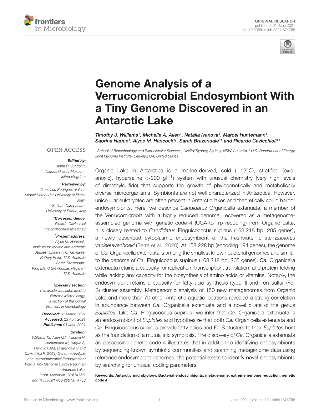 Genome Analysis of a Verrucomicrobial Endosymbiont with a Tiny Genome Discovered in an Antarctic Lake