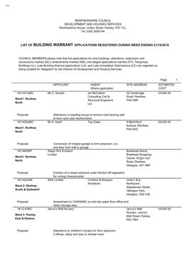 List of Building Warrant Applications Registered During Week Ending 21/10/2016
