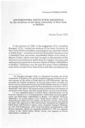 DOCUMENTIONS EDITH STEIN MATERIALS in the Archives of the State University of New York at Buffalo