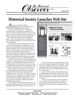 Spring 2005 Newsletter of the Middlesex County Historical Society Historical Society Launches Web Site