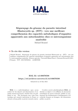 Séquençage Du Génome Du Parasite Intestinal Blastocystis Sp. (ST7)