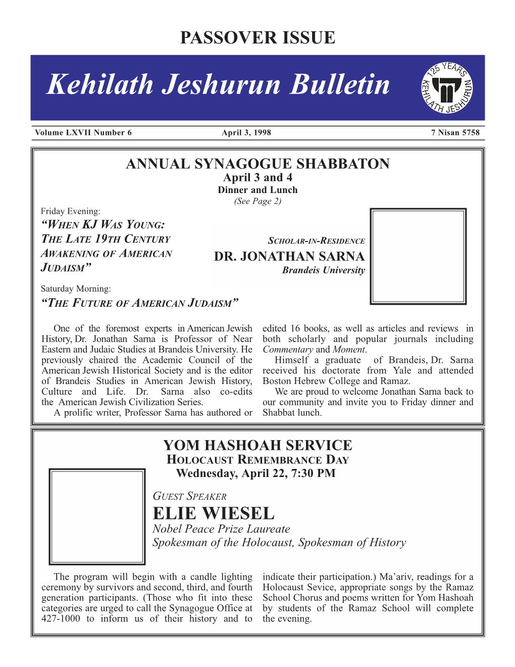 Kehilath Jeshurun Bulletin