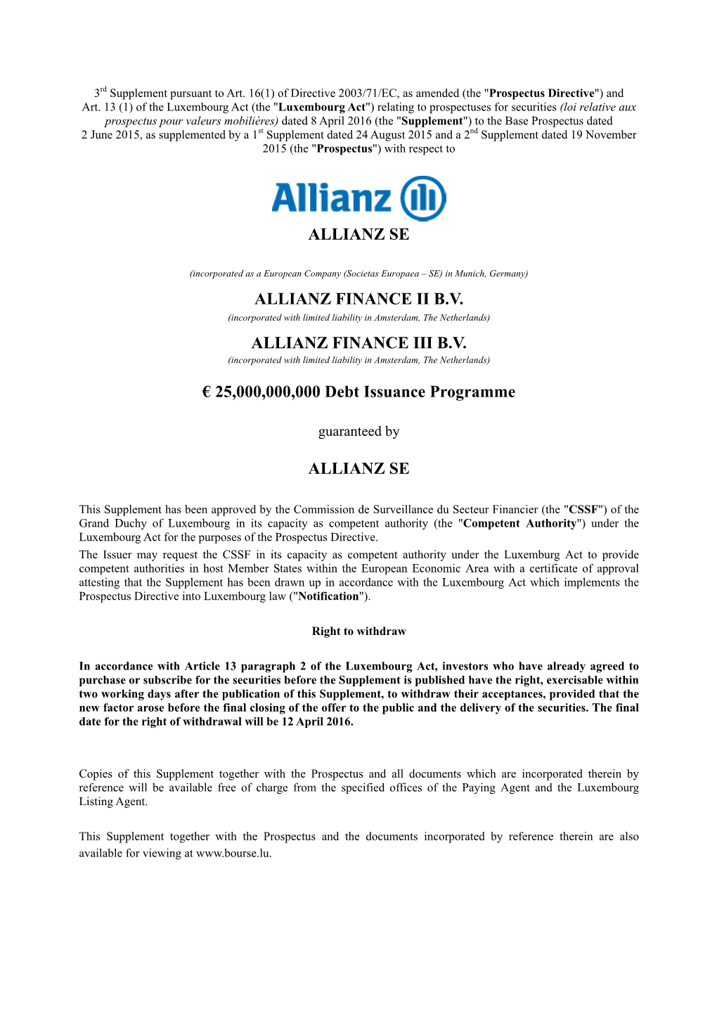 Allianz Se Allianz Finance Ii B.V. Allianz