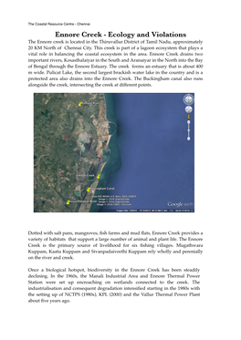 Ennore Creek - Ecology and Violations the Ennore Creek Is Located in the Thiruvallur District of Tamil Nadu, Approximately 20 KM North of Chennai City