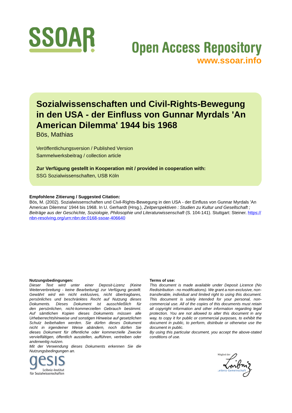 Sozialwissenschaften Und Civil-Rights-Bewegung in Den USA - Der Einfluss Von Gunnar Myrdals 'An American Dilemma' 1944 Bis 1968 Bös, Mathias