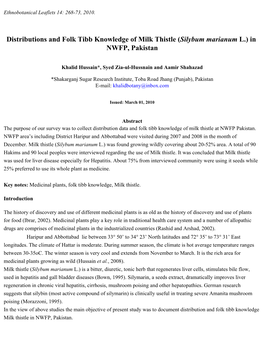 Distributions and Folk Tibb Knowledge of Milk Thistle (Silybum Marianum L.) in NWFP, Pakistan