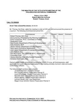 1 the MINUTES of the 707TH STATED MEETING of the PHILADELPHIA HISTORICAL COMMISSION CALL to ORDER Mr. Thomas, the Chair, Called