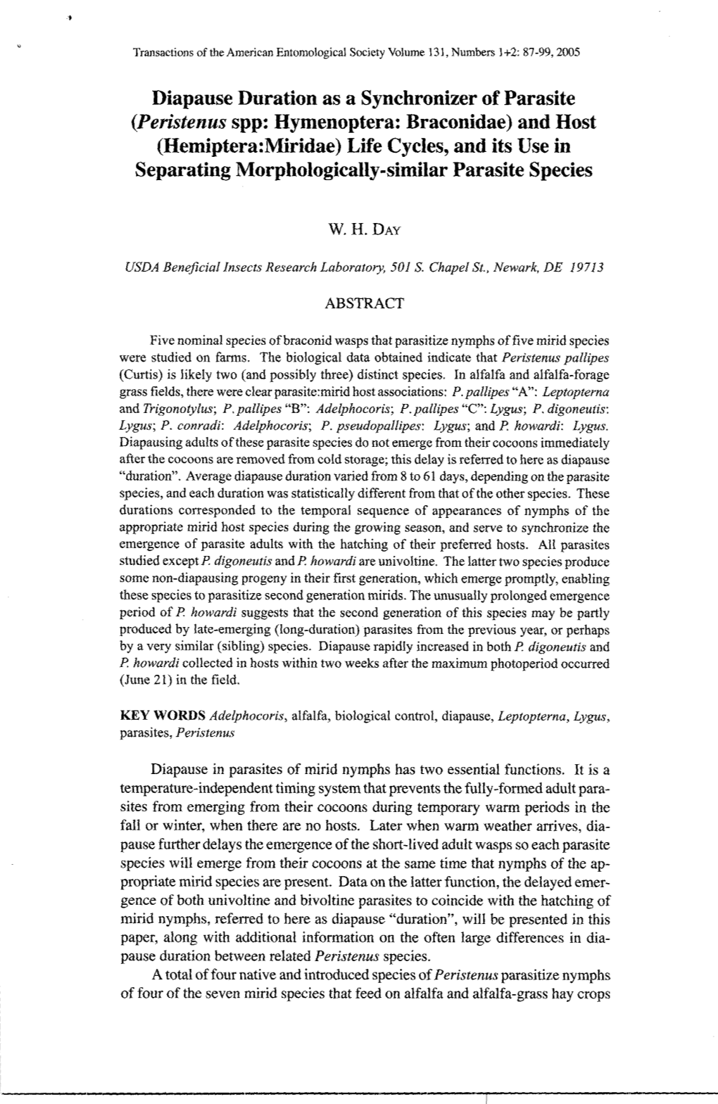 (Peristenus Spp: Hymenoptera: Braconidae) and Host (Hemiptera:Miridae) Life Cycles, and Its Use in Separating Morphologically-Similar Parasite Species