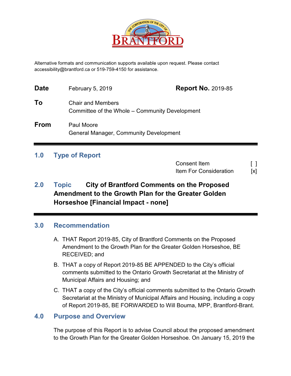 City of Brantford Comments on the Proposed Amendment to the Growth Plan for the Greater Golden Horseshoe [Financial Impact - None]