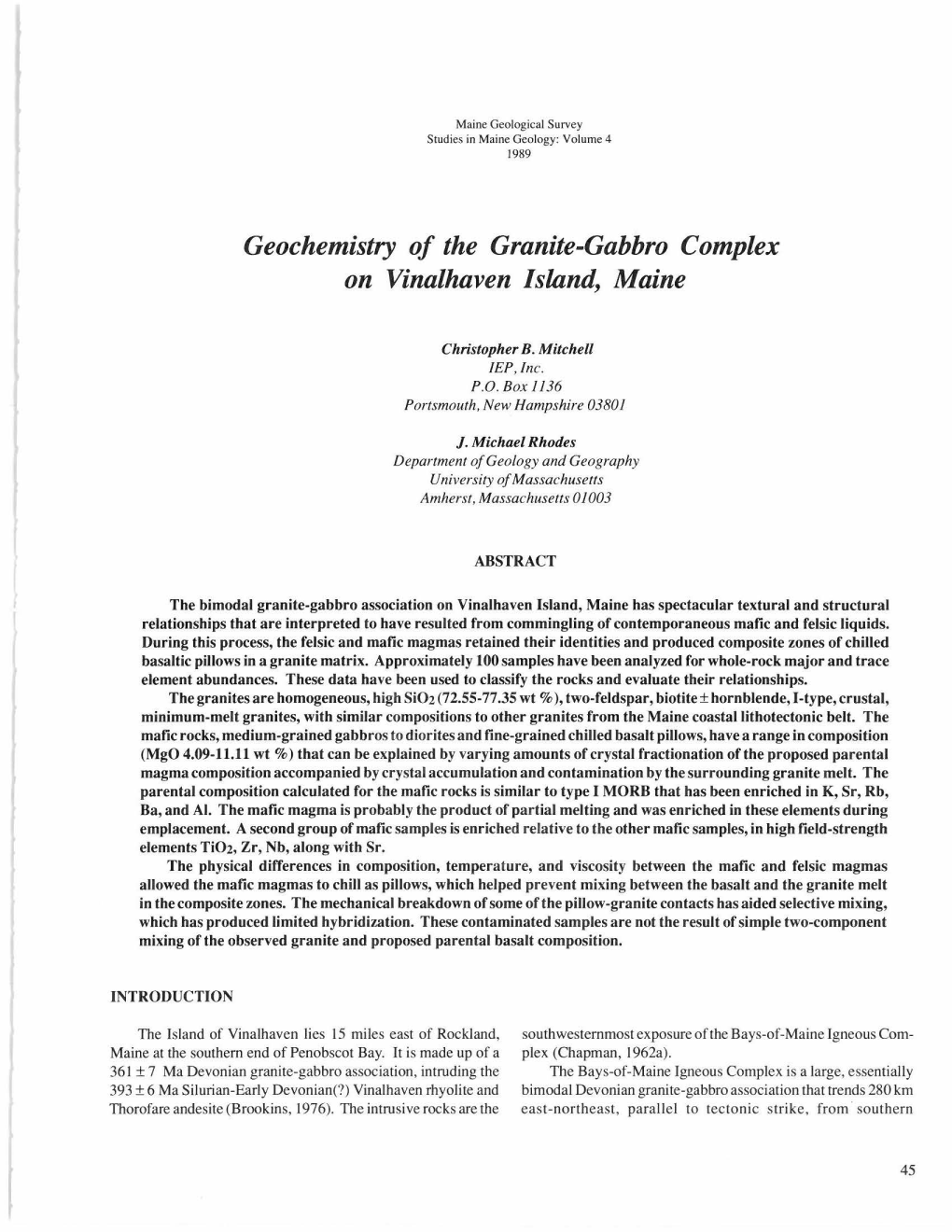 Geochemistry of the Granite-Gabbro Complex on Vinalhaven Ismnd, Maine