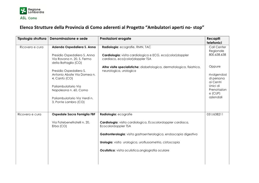 Elenco Strutture Della Provincia Di Como Aderenti Al Progetto “Ambulatori Aperti No- Stop”